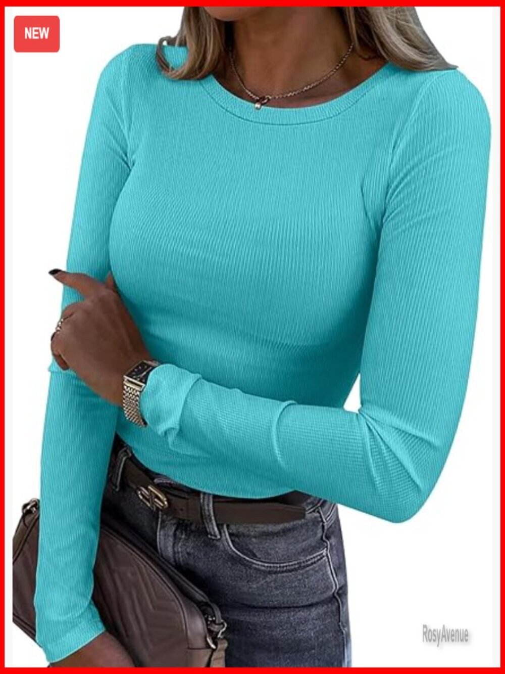Slim Fit Ribbed Tee, Long Sleeve Crew Neck, Rayon Blend, Casual Top